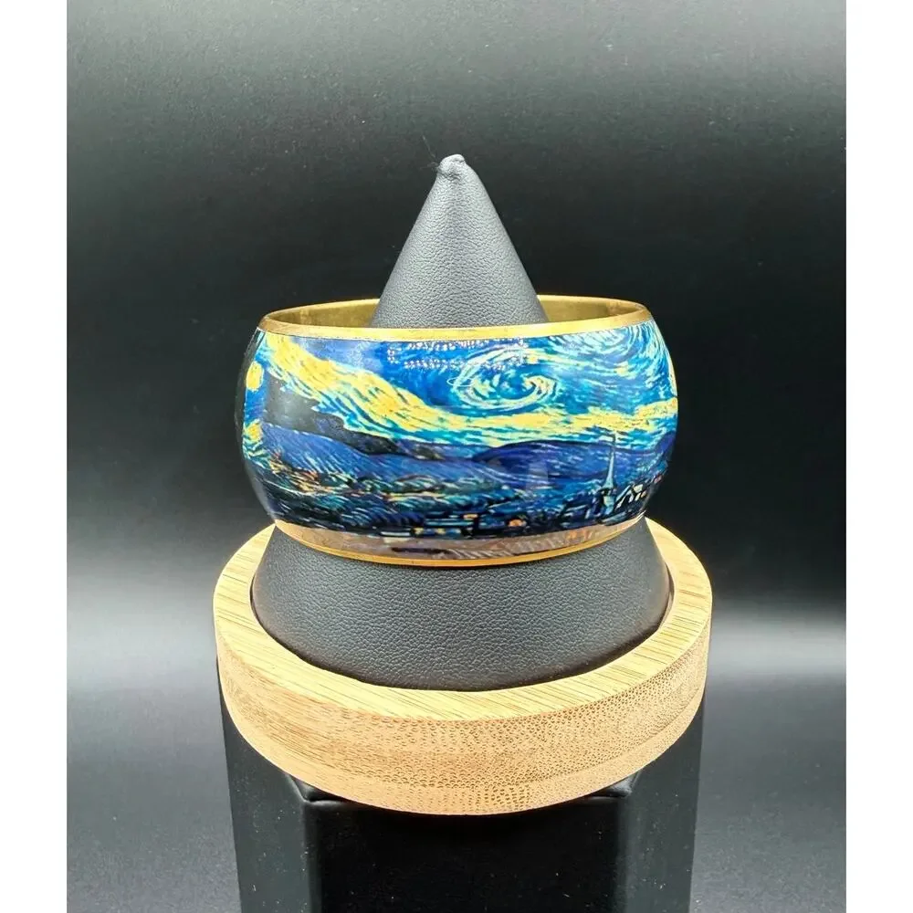 Vintage Vincent van Gogh 'The Starry Night' Gold Tone Metal Bangle Bracelet